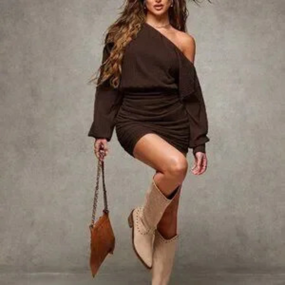 Coffee Brown Elegant Women's Off-Shoulder Long Sleeve mini dress